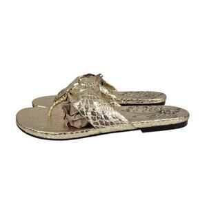 Chico's Sole Metal Gold Faux Snakeskin Ribbon Thong Flat Sandals Sz 8